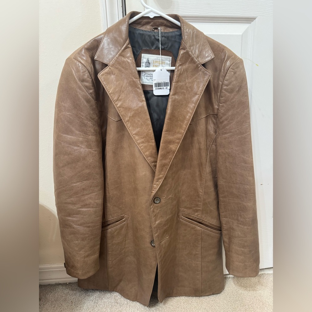 VTG London Fog Black Leather UNISEX M Med Length Jacket Cream Rare
